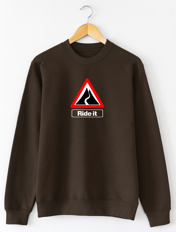 Brown sweatshirt with a road sign graphic and 'Ride it' text on a white background