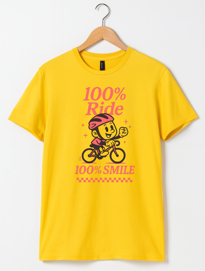 Yellow t-shirt with a graphic of a person on a bike and text '100% Ride, 100% Smile' on a hanger against a white background.