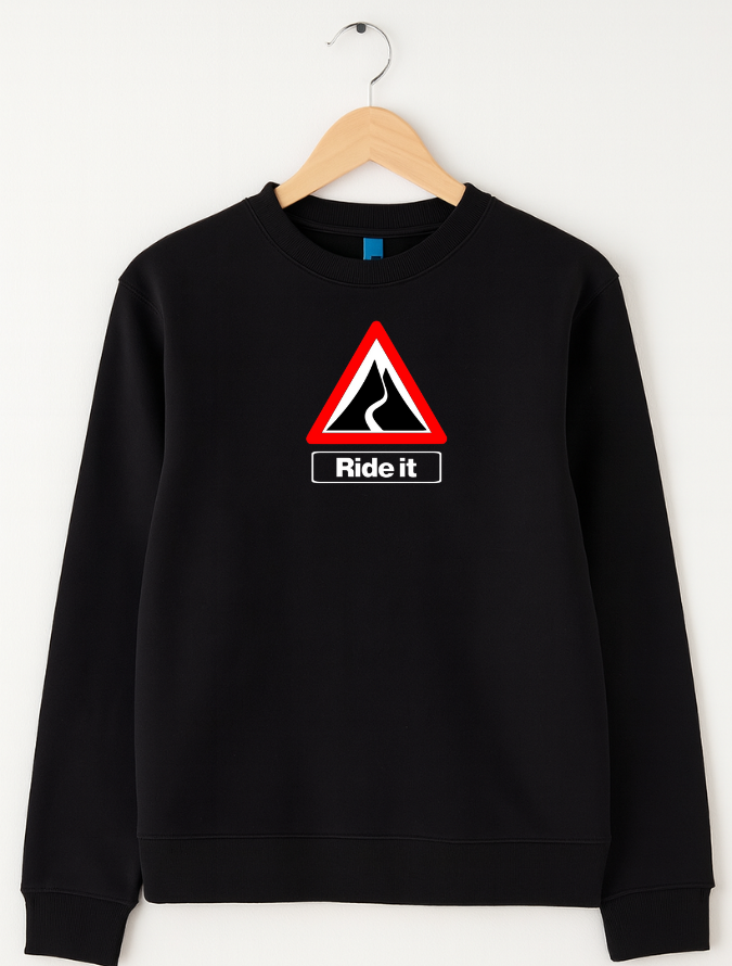 Black sweatshirt with a red and white graphic and 'Ride it' text on a white background
