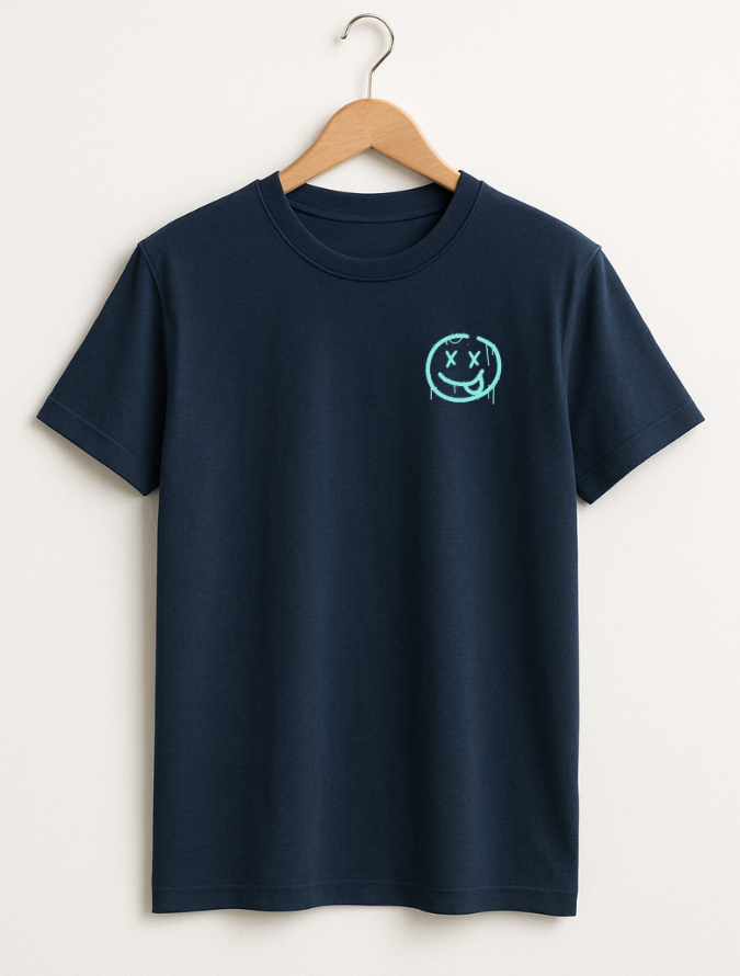 Navy blue t-shirt with a small logo on a hanger against a white background
