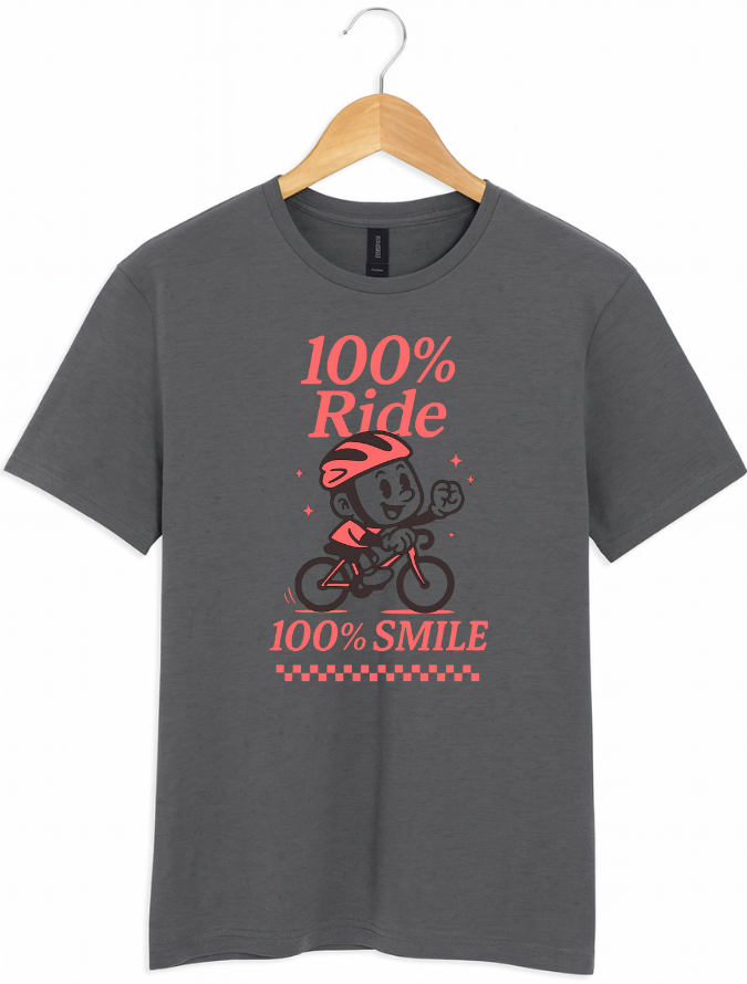 Grey t-shirt with red graphic and text on a hanger against a white background