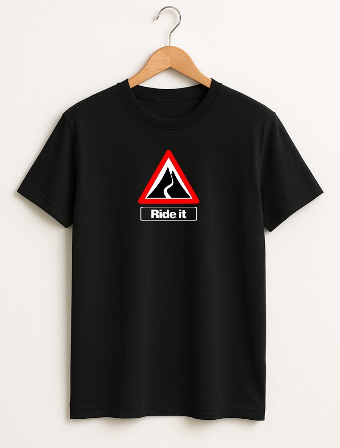 Black t-shirt with a red and white graphic and 'Ride it' text on a hanger against a white background