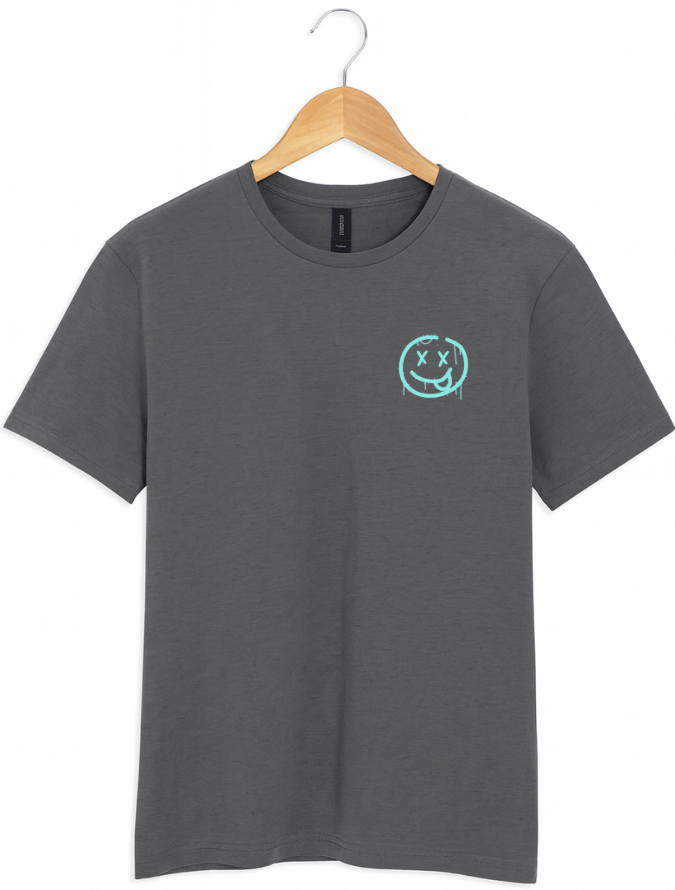 Grey t-shirt with a green logo on a hanger against a white background