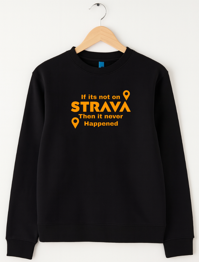 Black sweatshirt with yellow text and logo on a white background