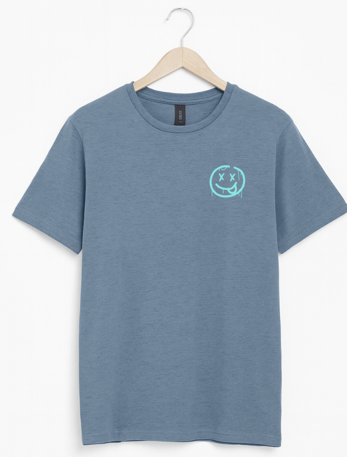 Blue t-shirt with a smiley face design on a hanger against a white background