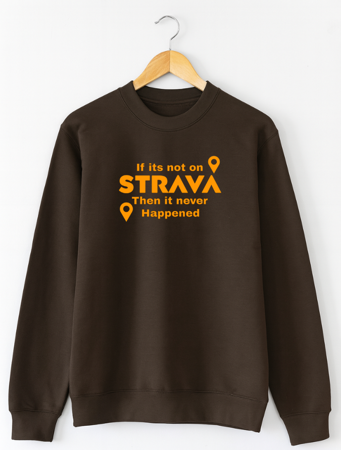 Brown sweatshirt with orange text on a hanger against a white background