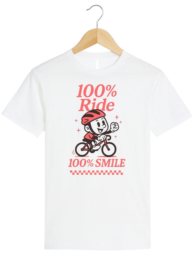 White t-shirt with a cartoon character and text on a hanger against a white background
