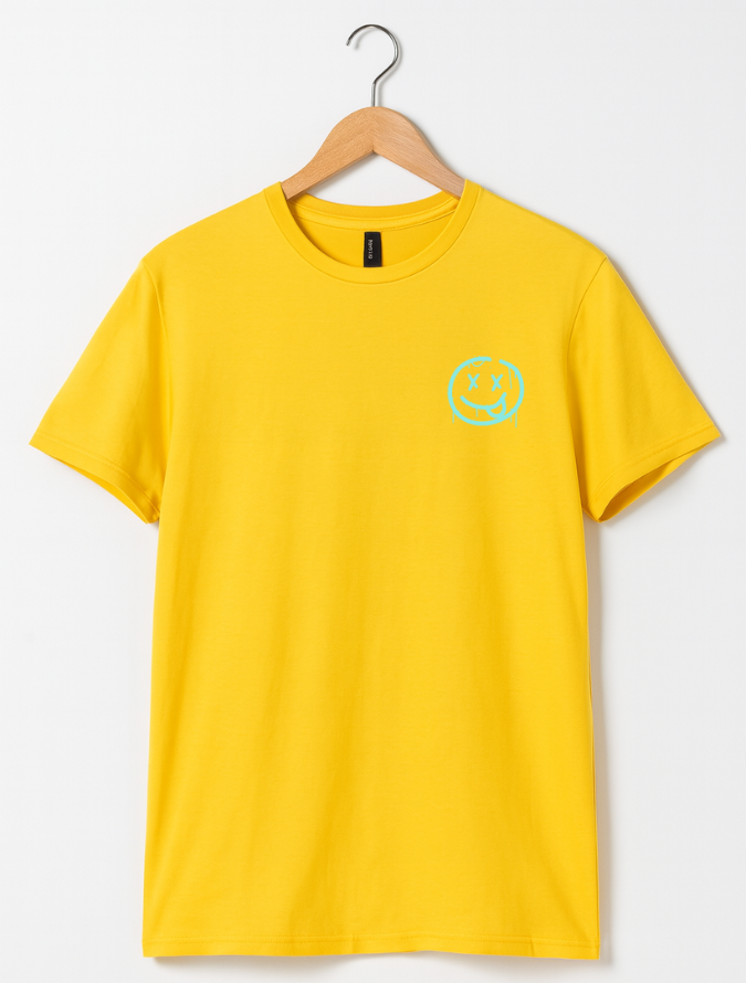 Yellow t-shirt with a smiley face design on a hanger against a white background