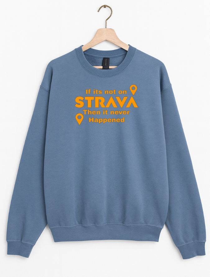 Blue sweatshirt with orange text on a hanger against a white background
