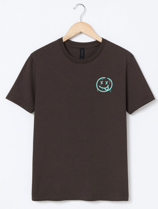 Brown t-shirt with a green logo on a hanger against a white background