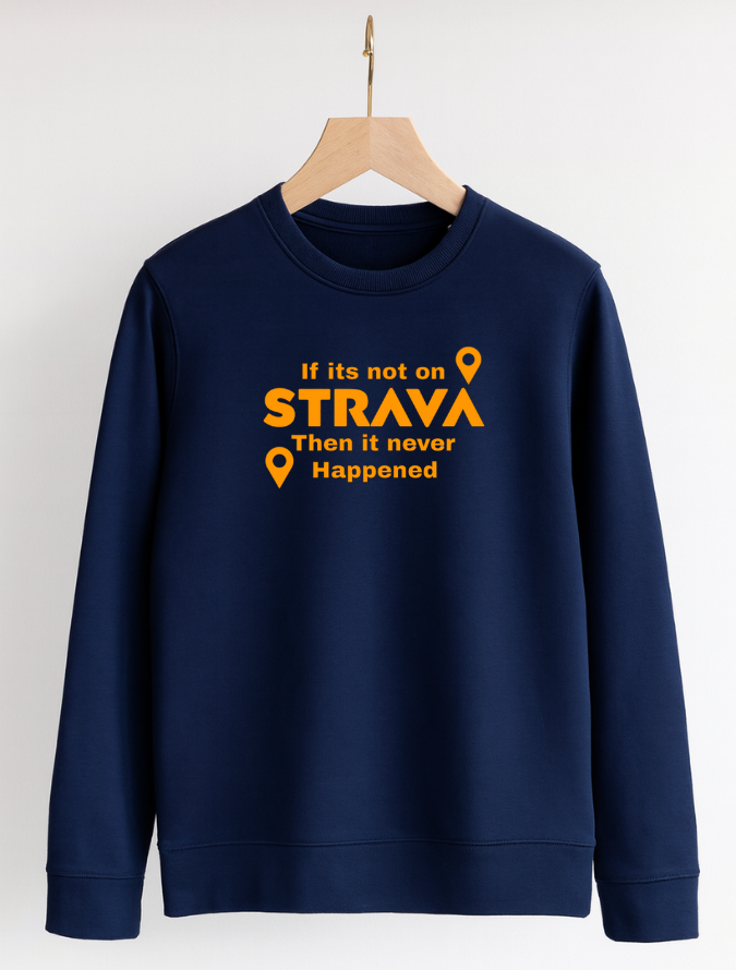 Navy blue sweatshirt with yellow text on a white background