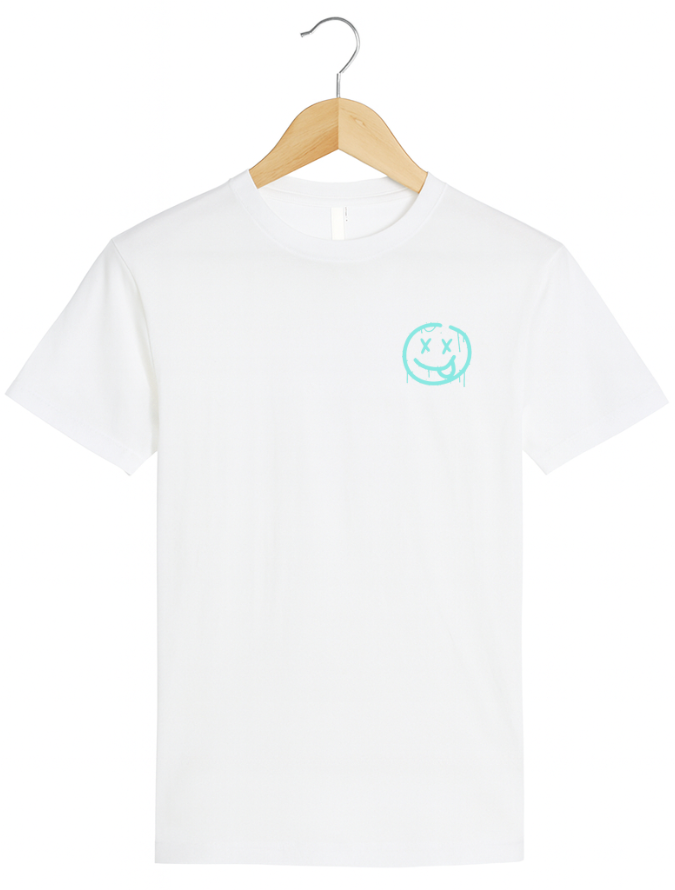 White t-shirt with a green logo on a wooden hanger against a white background