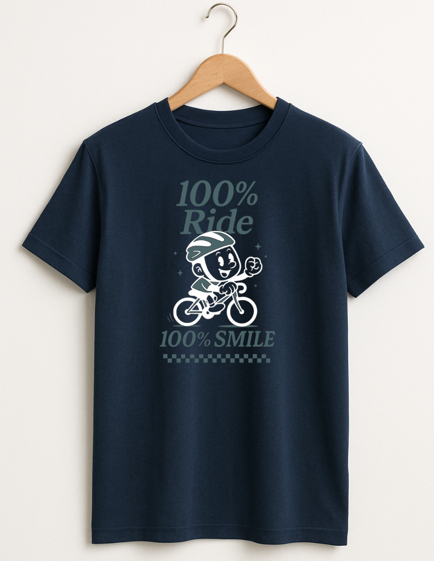 Navy blue t-shirt with a graphic design on a hanger against a white background