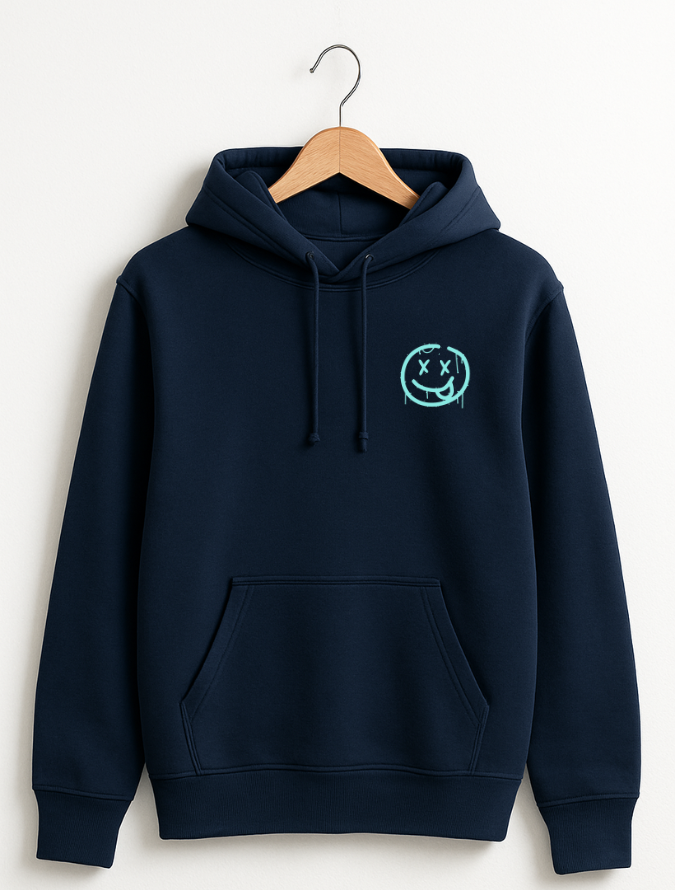 Navy blue hoodie with a smiley face logo on a white background