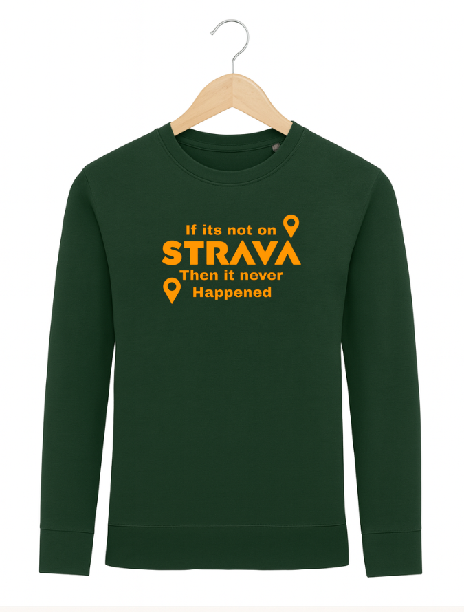 Green sweatshirt with orange text on a hanger against a white background