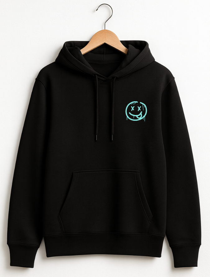 Black hoodie with a blue logo on a white background
