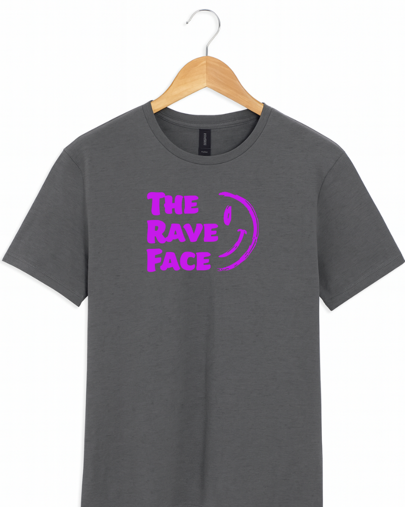 Grey t-shirt with 'The Rave Face' logo on a hanger against a white background