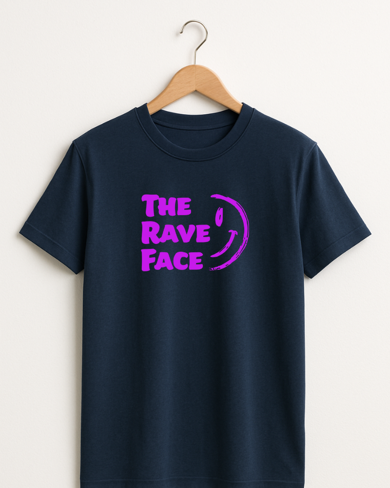 Navy blue t-shirt with 'The Rave Face' design on a hanger against a white background