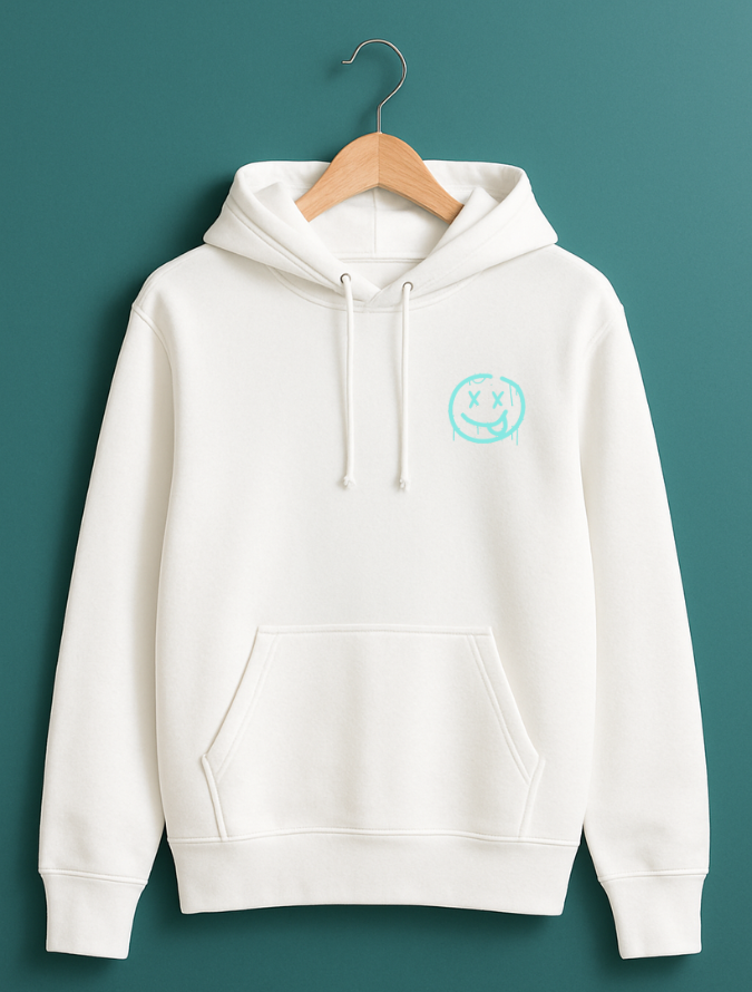 White hoodie with a blue logo on a hanger against a teal background