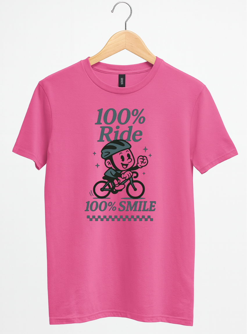 Pink cycling t-shirt with a graphic design on a hanger against a white background