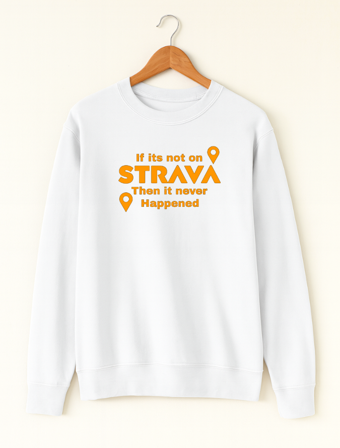 White sweatshirt with orange text on a hanger against a white background