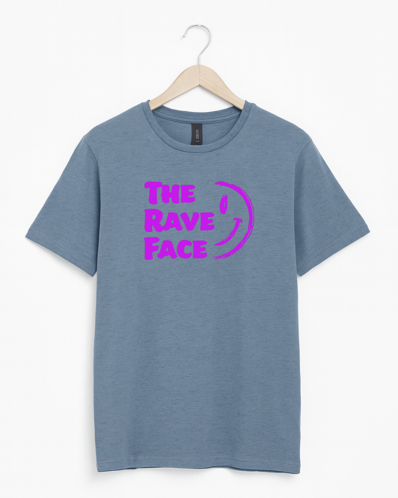 Blue t-shirt with 'The Rave Face' text and smiley face design on a hanger against a white background