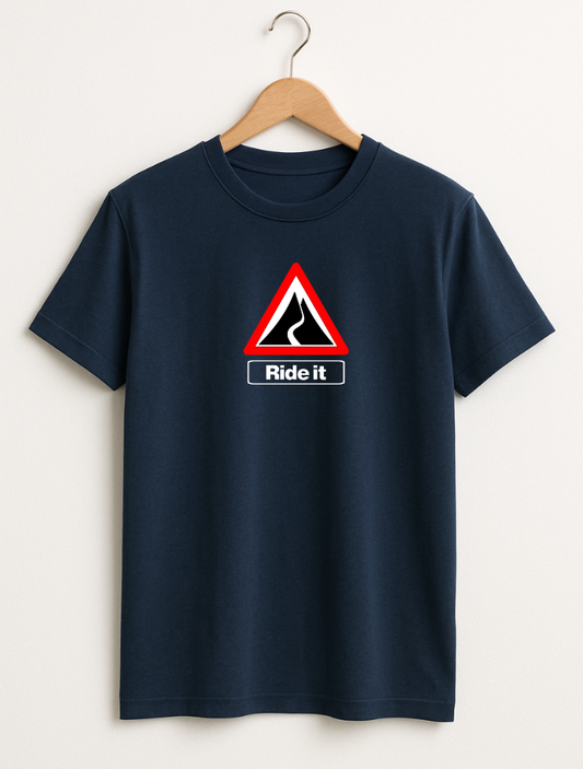 Navy blue t-shirt with a red and white graphic on a hanger against a white background