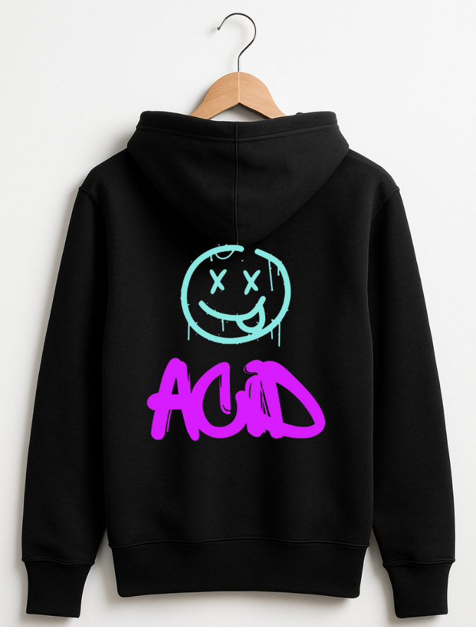Black hoodie with a colorful smiley face and 'ACID' text on a white background
