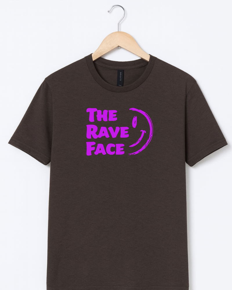 Brown t-shirt with 'The Rave Face' text in purple on a hanger against a white background