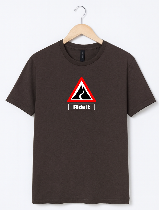 Brown t-shirt with a red and black traffic sign graphic and 'Ride it' text on a white background.