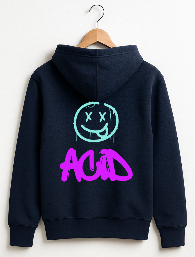 Black hoodie with a smiley face and 'ACID' text on the back, hanging on a wooden hook.