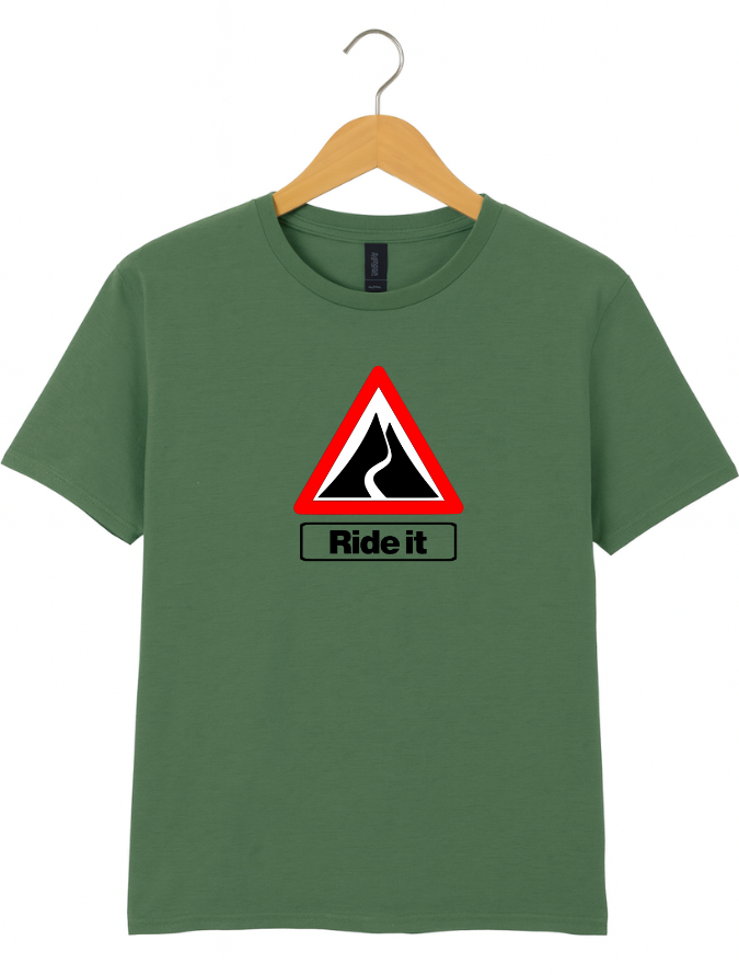Green t-shirt with a road sign graphic and 'Ride it' text on a hanger against a white background