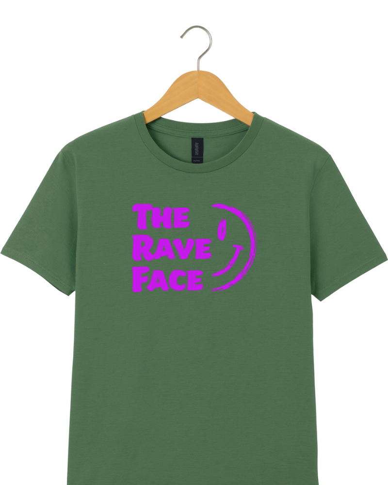 Green t-shirt with 'The Rave Face' logo on a hanger against a white background