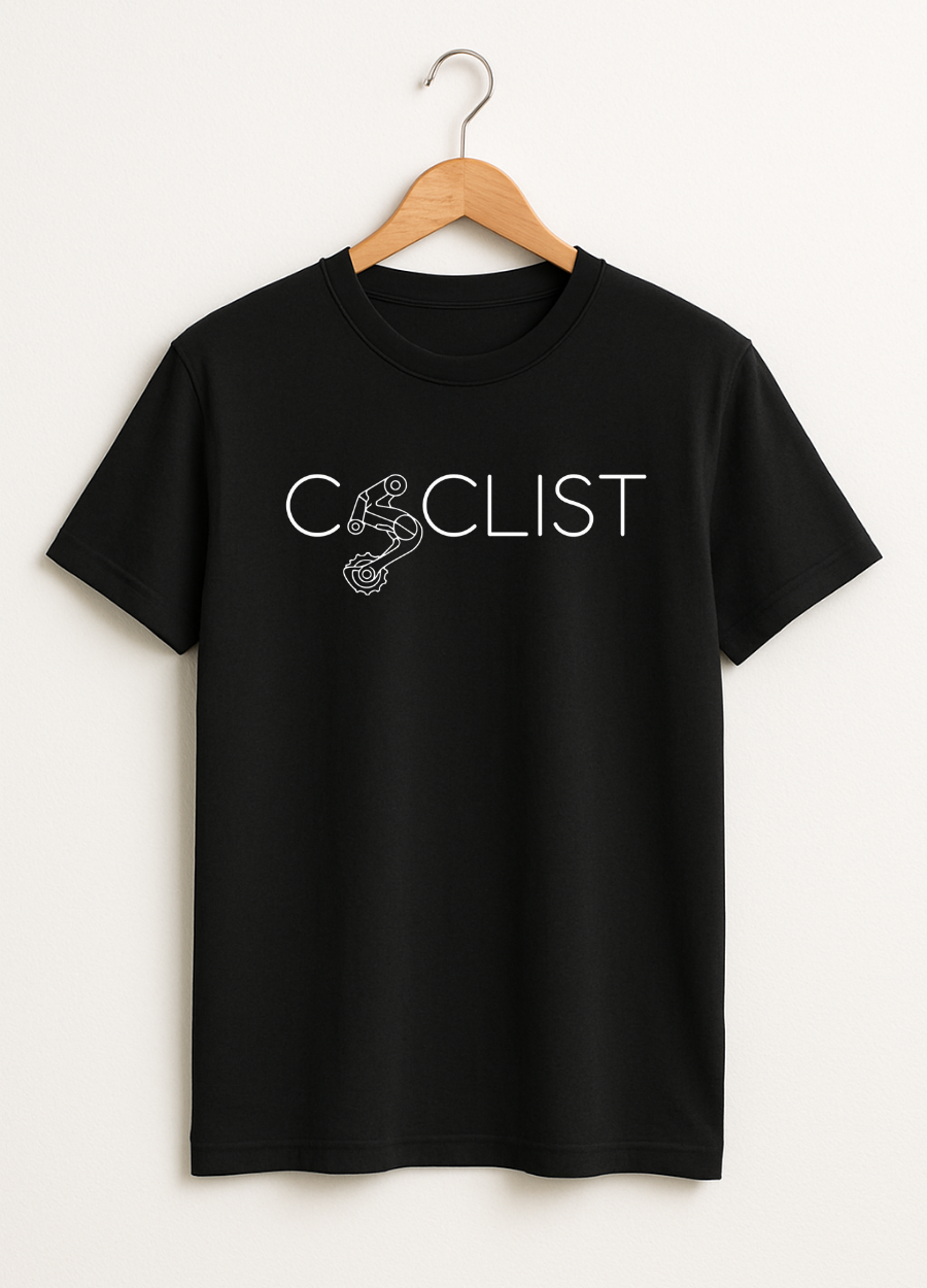Black t-shirt with 'Cyclist' text and bicycle graphic on a hanger against a white background