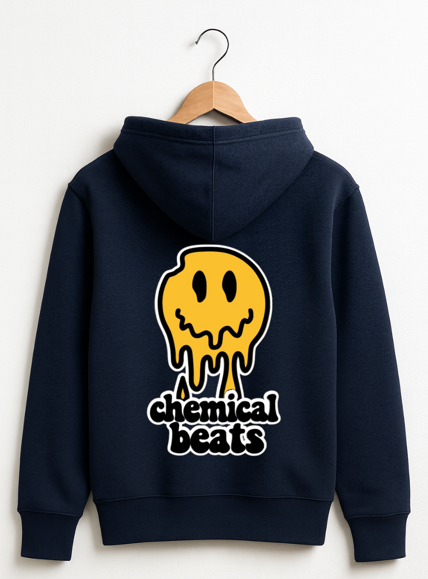 Navy blue hoodie with yellow and white graphic on a hanger against a white background