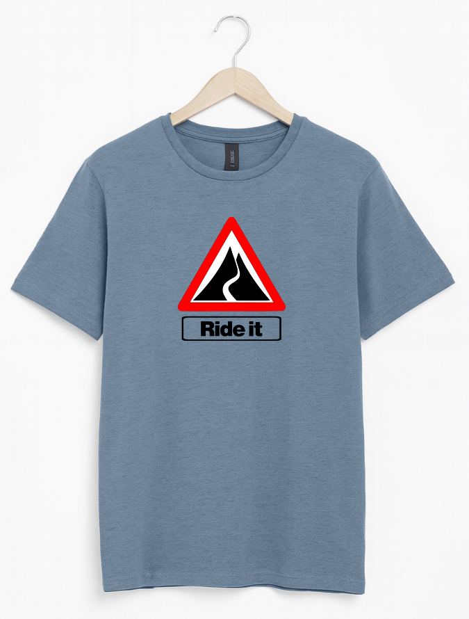 Blue t-shirt with a red and black traffic sign graphic and 'Ride it' text on a white background.
