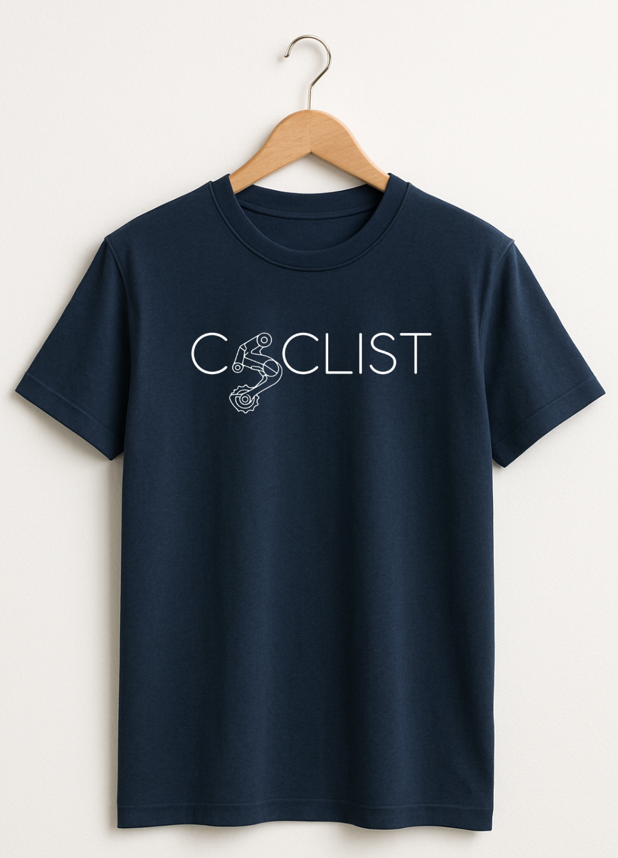 Navy blue t-shirt with 'Cyclist' text and graphic on a hanger against a white background