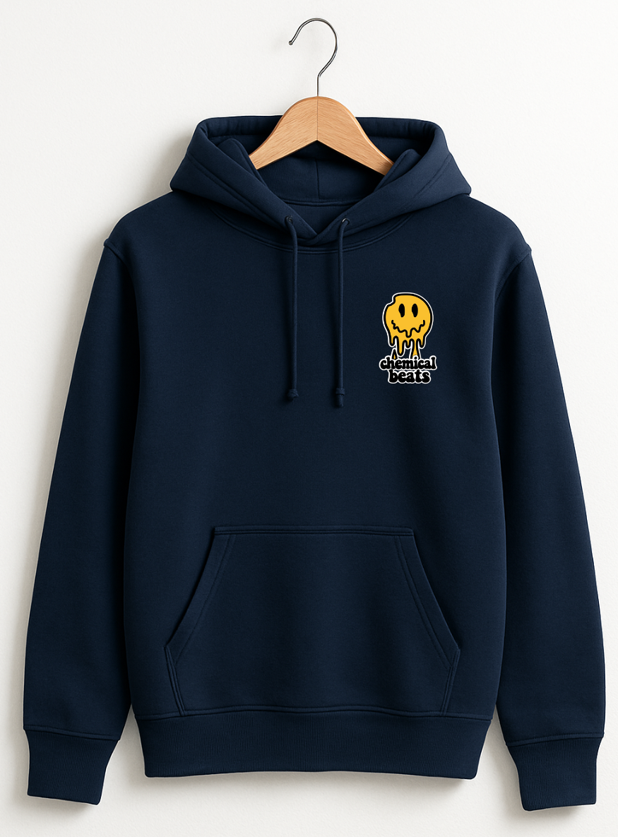 Navy blue hoodie with a yellow smiley face logo on a white background