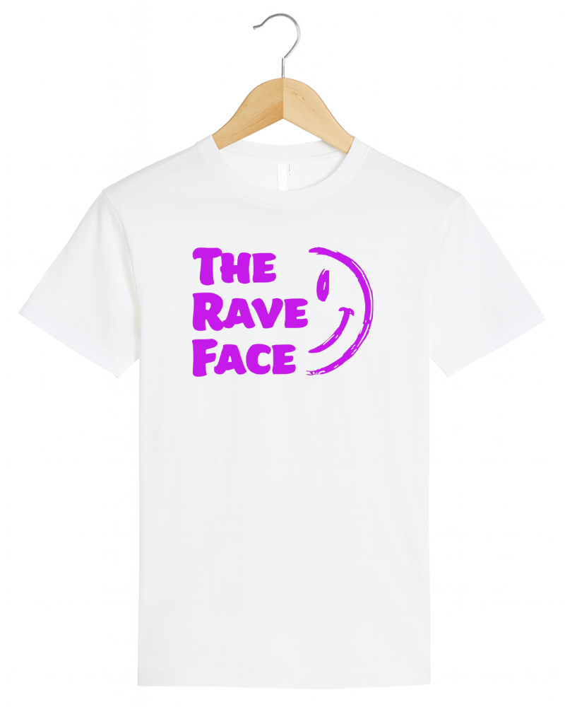 White t-shirt with 'The Rave Face' text in purple on a white background