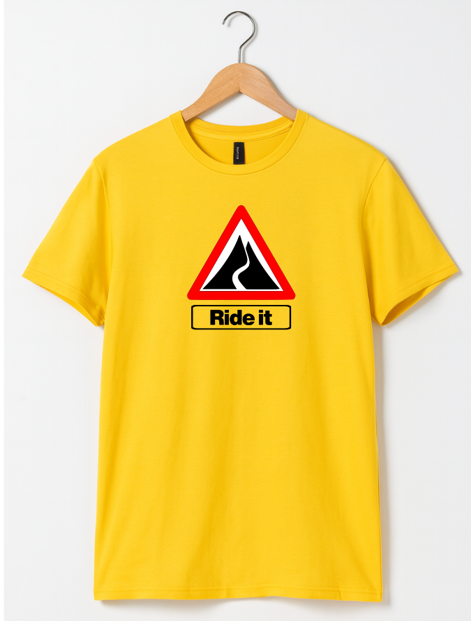 Yellow t-shirt with a graphic design and 'Ride it' text on a white background