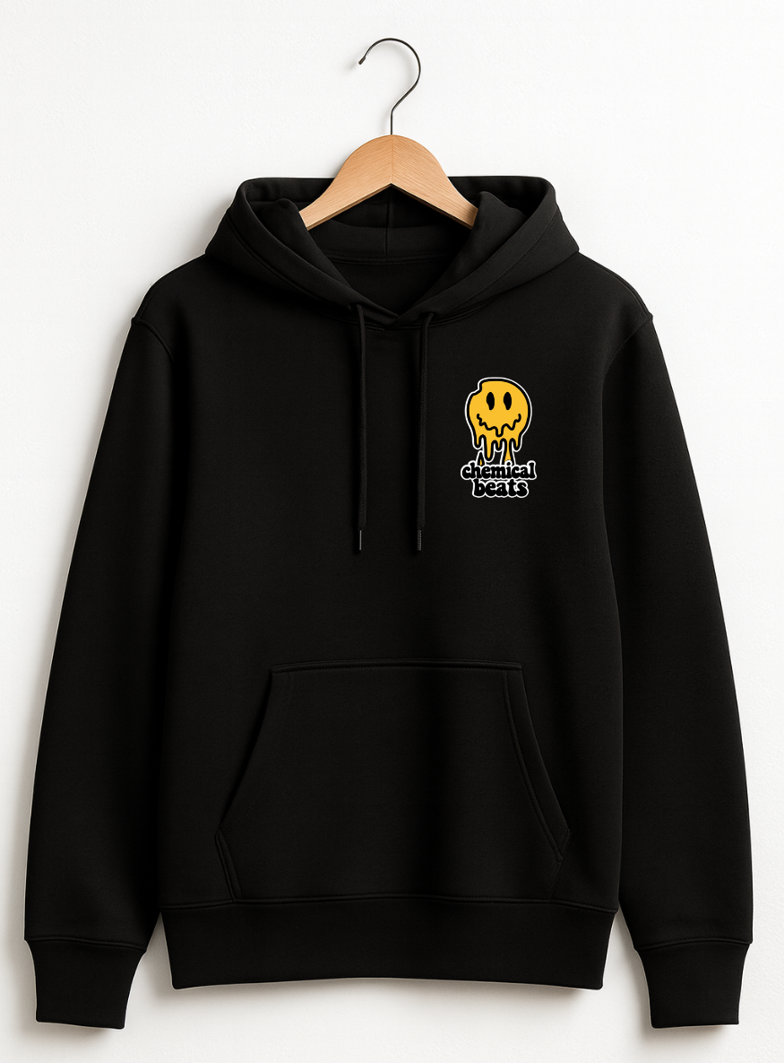 Black hoodie with a logo on a white background