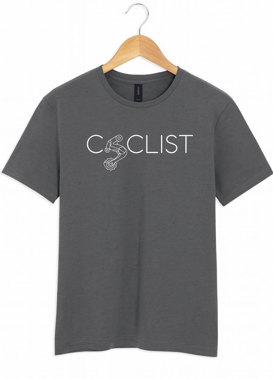 Gray t-shirt with 'Cyclist' text and graphic on a hanger against a white background