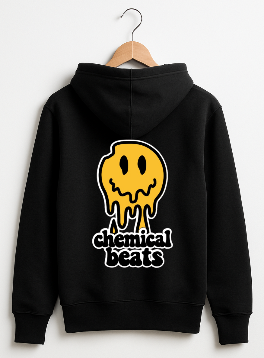 Black hoodie with yellow and white graphic design on a white background