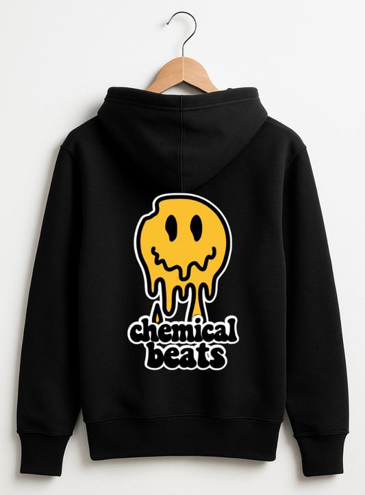 Black hoodie with yellow and white graphic design on a white background