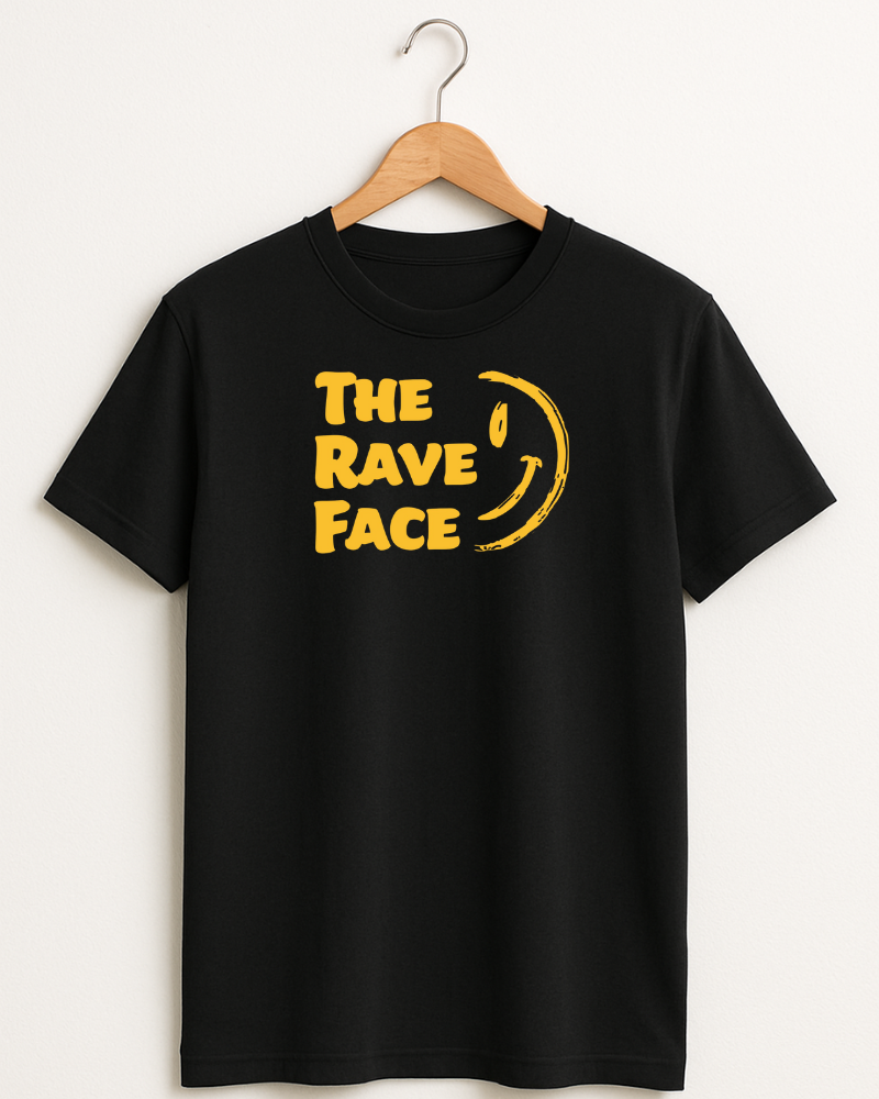 Black t-shirt with 'The Rave Face' design on a hanger against a white background