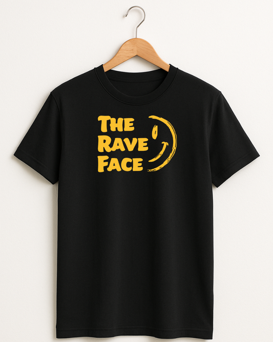 Black t-shirt with 'The Rave Face' design on a hanger against a white background