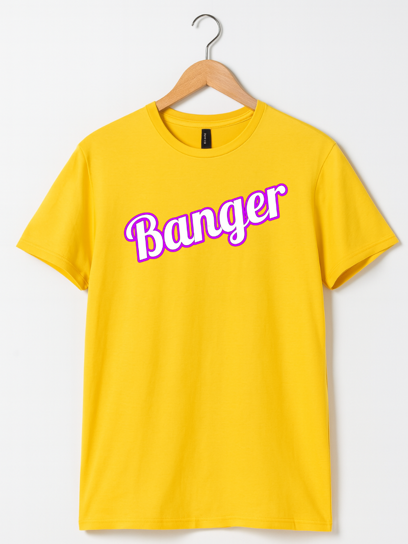 Yellow t-shirt with 'Banger' text on a hanger against a white background