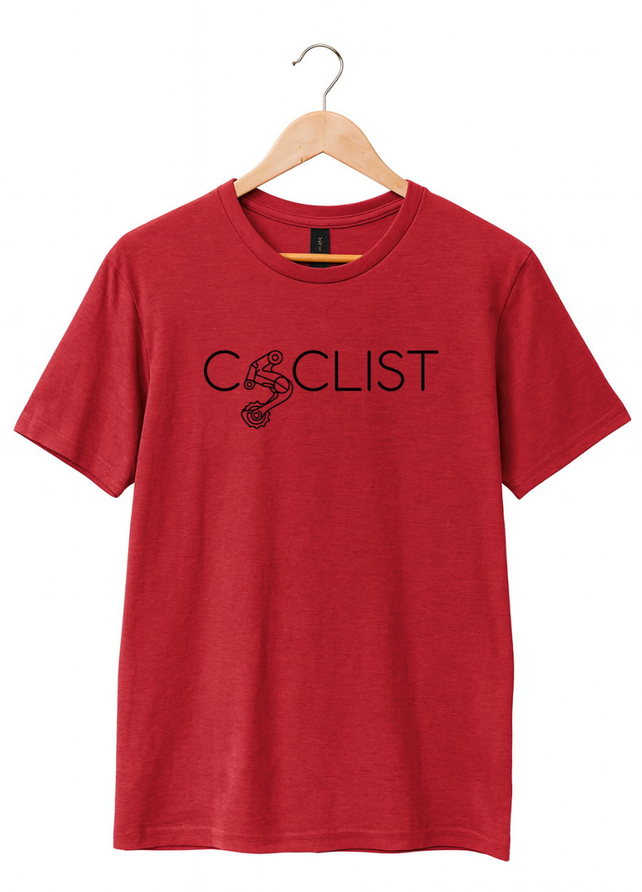 Red t-shirt with 'CYCLIST' graphic on a hanger against a white background