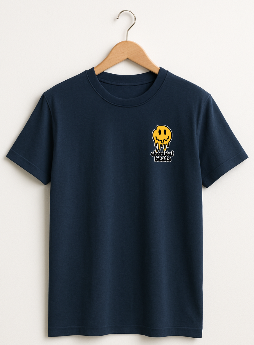Navy blue t-shirt with a small logo on a hanger against a white background