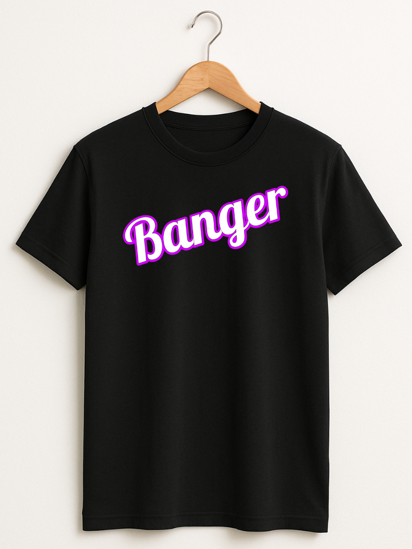 Black t-shirt with 'Banger' in purple text on a hanger against a white background
